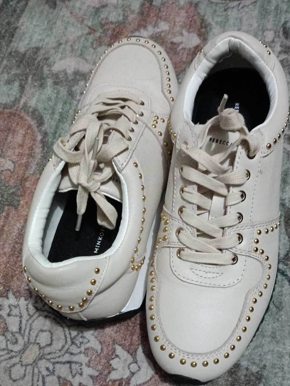 Rebecca Minkoff Cream Sneakers with Gold Stud Trim